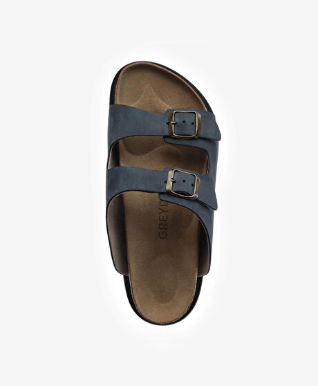 Erkek Lacivert Hakiki Deri Nubuk Terlik