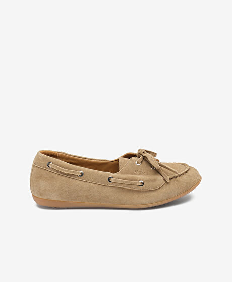Kadın Ekru Hakiki Deri Loafer Ayakkabı