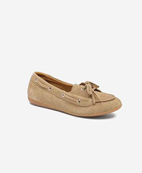 Kadın Ekru Hakiki Deri Loafer Ayakkabı