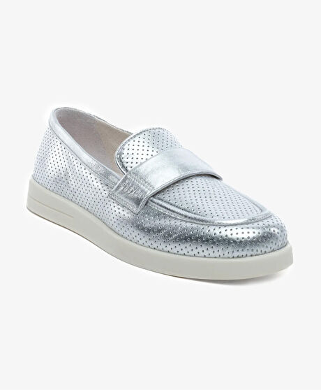 Kadın Gümüş Hakiki Deri Loafer Ayakkabı