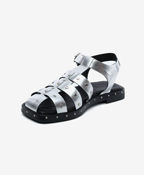 Kadın Gümüş Hakiki Deri Sandalet