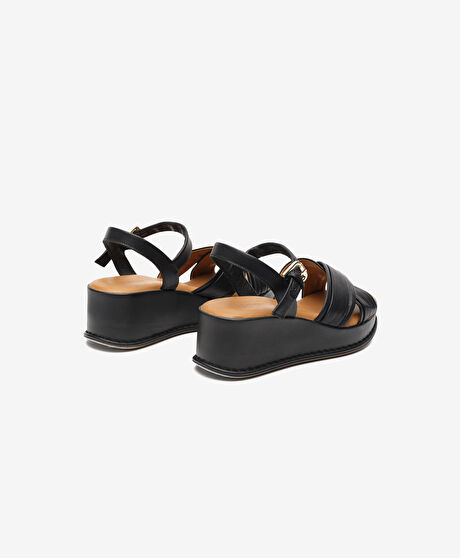 Kadın Siyah Hakiki Deri Topuklu Sandalet