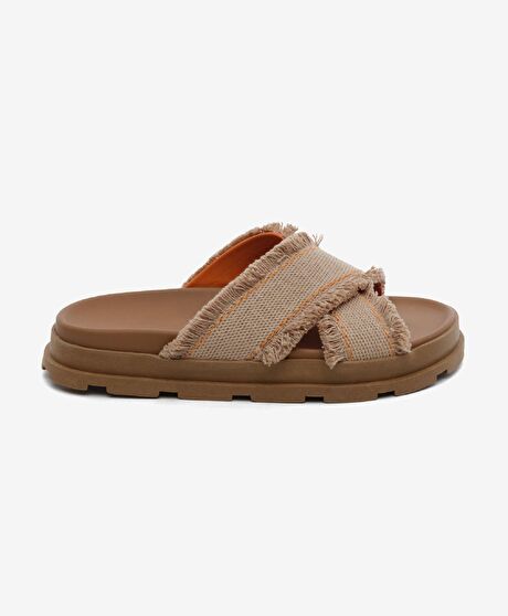 Kadın Bej Turuncu Hakiki Deri Terlik