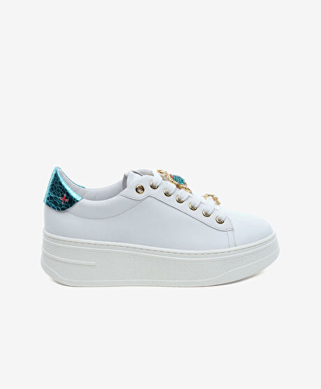Kadın Beyaz Mavi Hakiki Deri Sneaker Ayakkabı