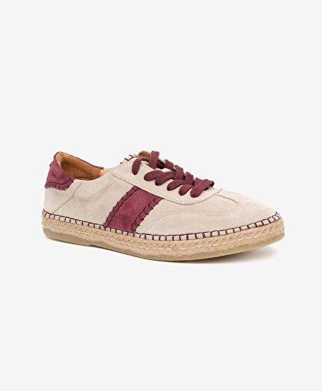 Kadın Bej Süet Bordo Hakiki Deri Sneaker Ayakkabı