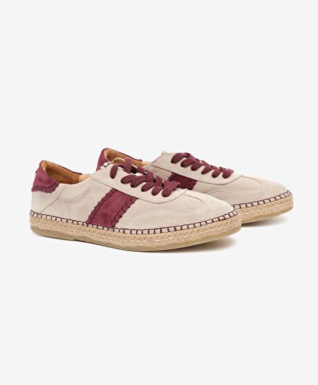 Kadın Bej Süet Bordo Hakiki Deri Sneaker Ayakkabı