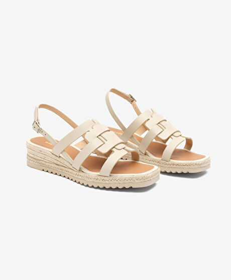 Kadın Krem Hakiki Deri Sandalet