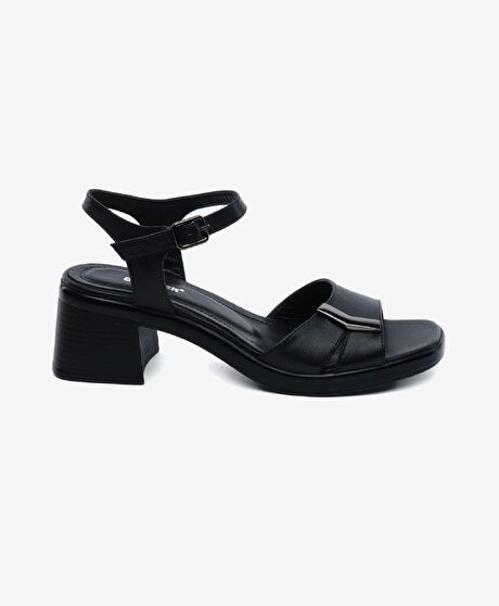 Kadın Siyah Hakiki Deri Topuklu Sandalet