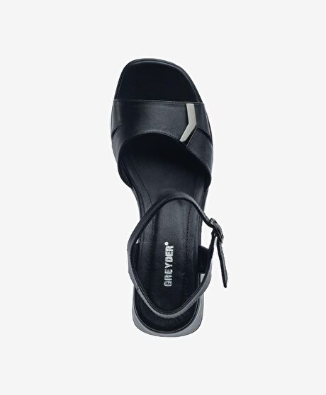 Kadın Siyah Hakiki Deri Topuklu Sandalet