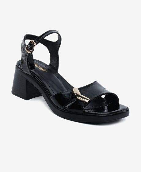 Kadın Siyah Rugan Hakiki Deri Topuklu Sandalet