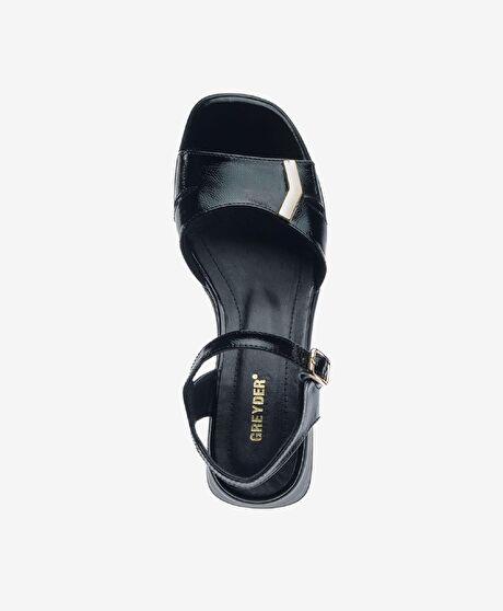 Kadın Siyah Rugan Hakiki Deri Topuklu Sandalet