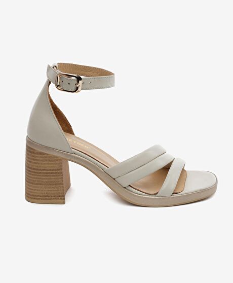 Kadın Bej Hakiki Deri Topuklu Sandalet