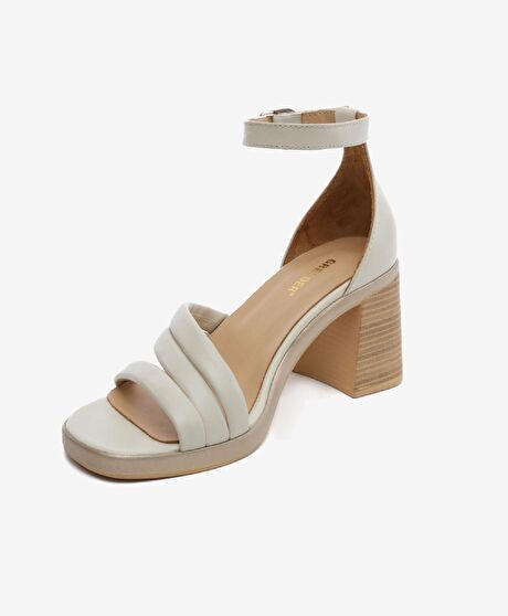 Kadın Bej Hakiki Deri Topuklu Sandalet