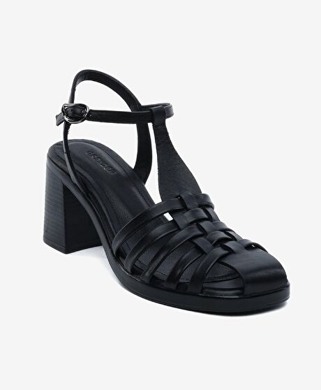 Kadın Siyah Hakiki Deri Topuklu Sandalet