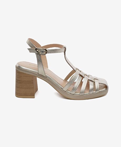 Kadın Altın Hakiki Deri Topuklu Sandalet