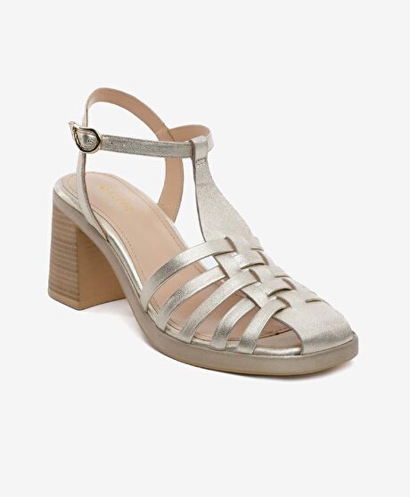 Kadın Altın Hakiki Deri Topuklu Sandalet