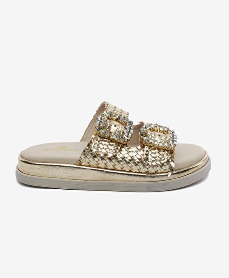 Kadın Altın Hakiki Deri Taşlı Terlik