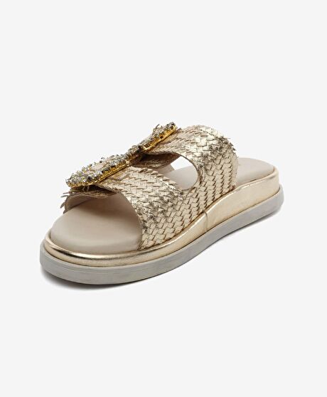 Kadın Altın Hakiki Deri Taşlı Terlik