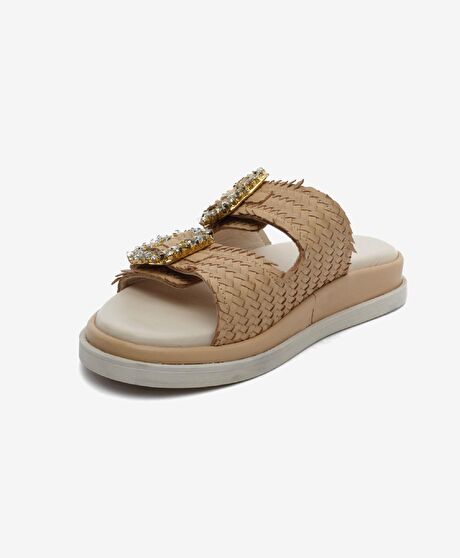 Kadın Krem Hakiki Deri Taşlı Terlik