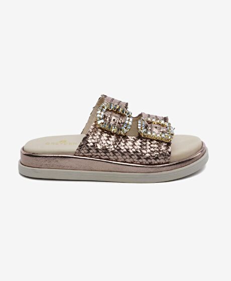 Kadın Bronz Hakiki Deri Taşlı Terlik