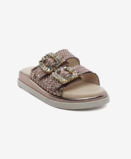 Kadın Bronz Hakiki Deri Taşlı Terlik