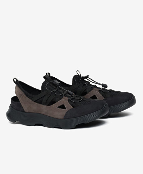 Erkek Siyah Nubuk Hakiki Deri Sandalet