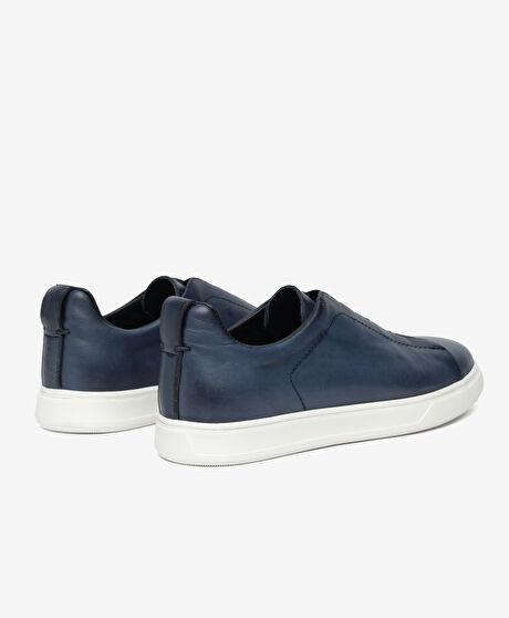 Erkek Lacivert Hakiki Deri Sneaker Ayakkabı