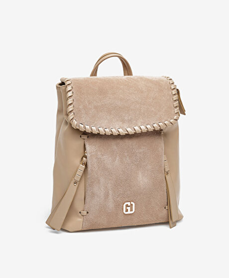 Kadın Bej Hakiki Deri Sırt Çantası