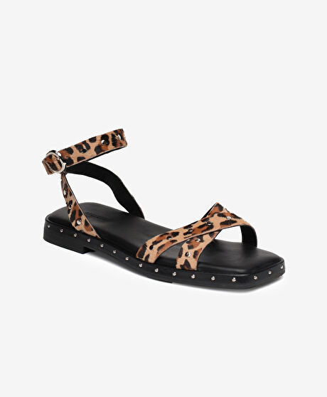Kadın Leopar Hakiki Deri Sandalet