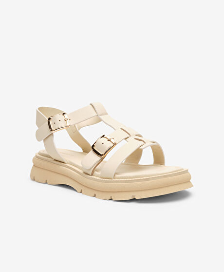 Kadın Bej Hakiki Deri Sandalet