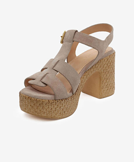 Kadın Bej Süet Hakiki Deri Topuklu Sandalet