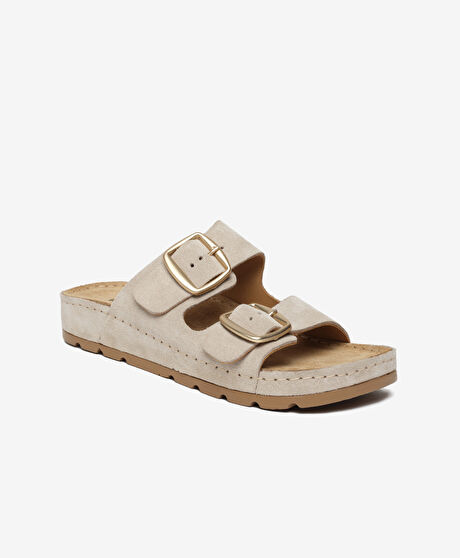 Kadın Bej Süet Hakiki Deri Terlik