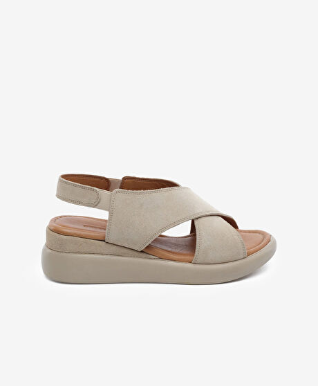 Kadın Bej Süet Hakiki Deri Comfort Sandalet