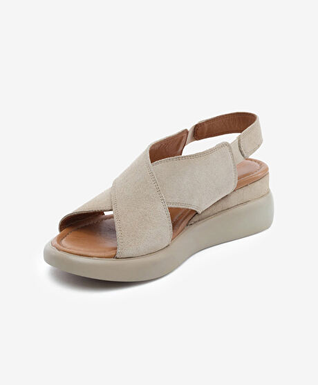 Kadın Bej Süet Hakiki Deri Comfort Sandalet
