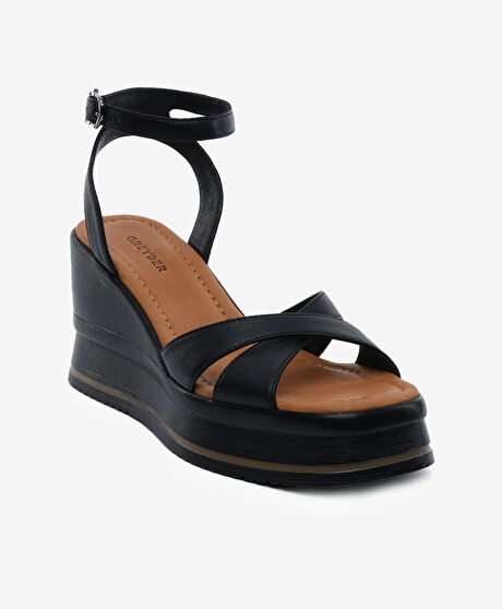 Kadın Siyah Hakiki Deri Topuklu Sandalet