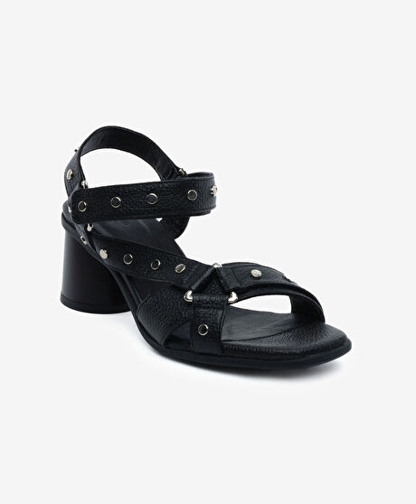 Kadın Siyah Hakiki Deri Topuklu Sandalet