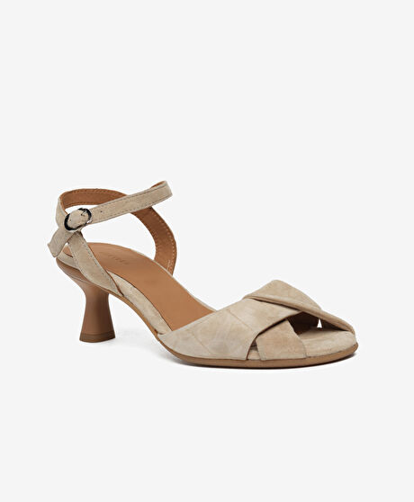 Kadın Bej Hakiki Deri Topuklu Sandalet