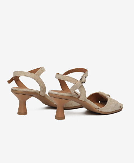 Kadın Bej Hakiki Deri Topuklu Sandalet
