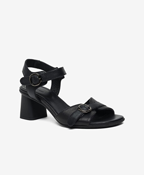 Kadın Siyah Hakiki Deri Topuklu Sandalet