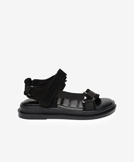 Kadın Siyah Süet Hakiki Deri Spor Sandalet