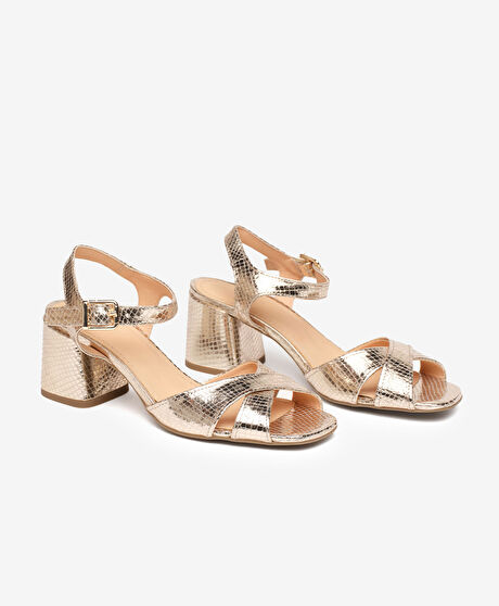 Kadın Altın Hakiki Deri Topuklu Sandalet