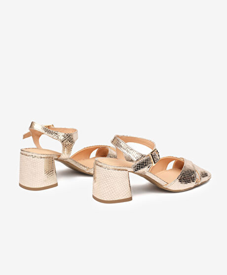 Kadın Altın Hakiki Deri Topuklu Sandalet