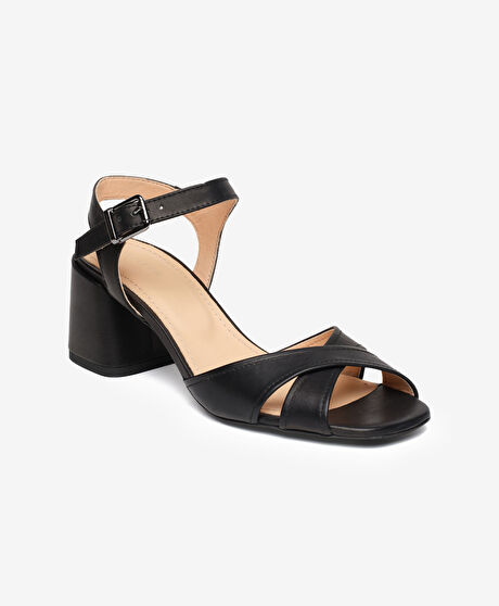 Kadın Siyah Hakiki Deri Topuklu Sandalet