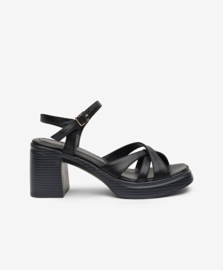 Kadın Siyah Hakiki Deri Topuklu Sandalet
