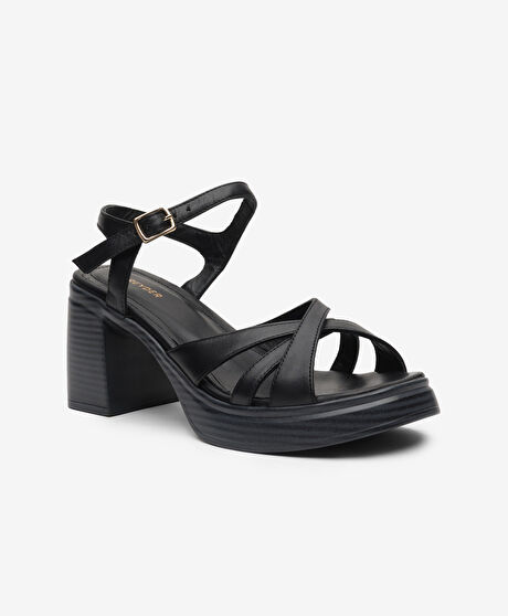 Kadın Siyah Hakiki Deri Topuklu Sandalet