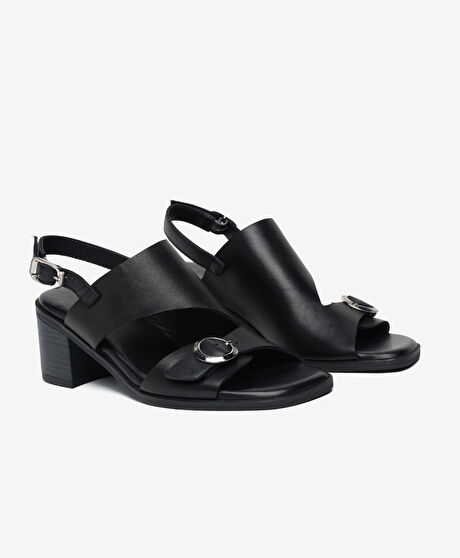 Kadın Siyah Hakiki Deri Topuklu Sandalet