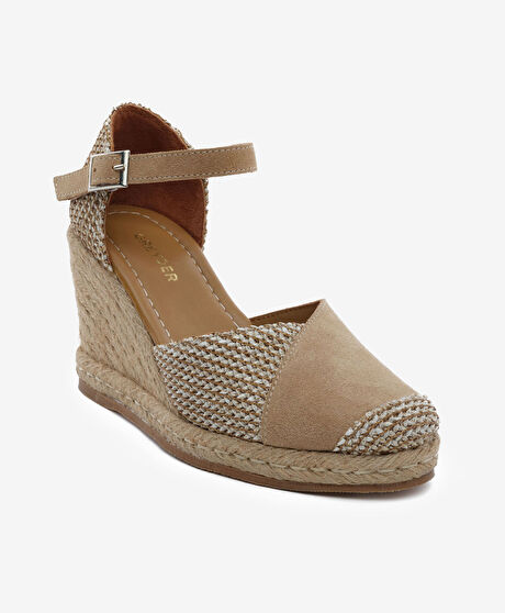 Kadın Bej Keten Bisküvi Süet Hakiki Deri Topuklu Sandalet
