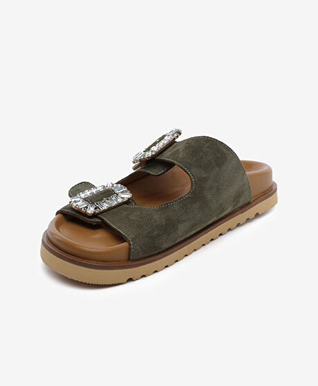 Kadın Haki Süet Hakiki Deri Terlik