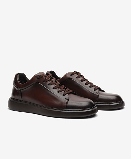 Erkek Kahverengi Hakiki Deri Sneaker Ayakkabı