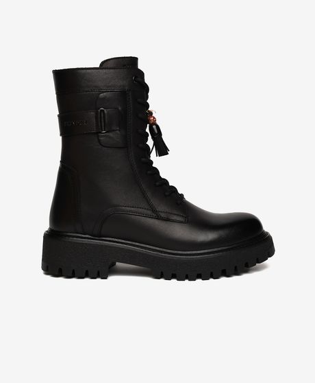 Kadın Siyah Hakiki Deri Military Bot